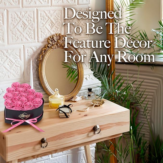 GLAMOUR BOUTIQUE 16 Flower Forever Heart Shape Box, Eternal Preserved Roses Gift for Her, Lasting Flowers, Romantic Floral Keepsake for Birthday, Anniversary or Valentine’s Day, Pink (Color-Treated)