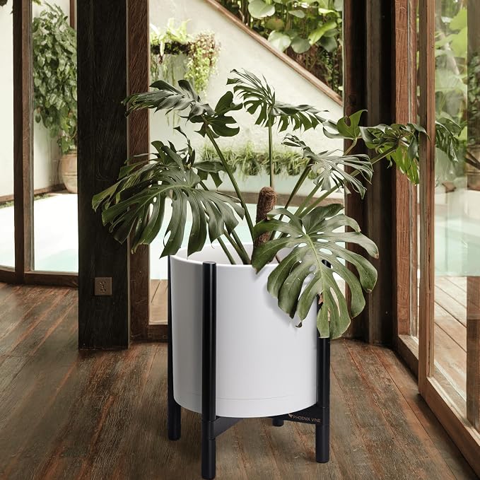 D'vine Dev Plastic Pot with Ebony Wood Stand, White, 16 in, 55-C-Z-1 | Mid-Century Inspired Design, Elevated Plant Display, Clean Lines, Sturdy Support, Modern Space-Saving Style