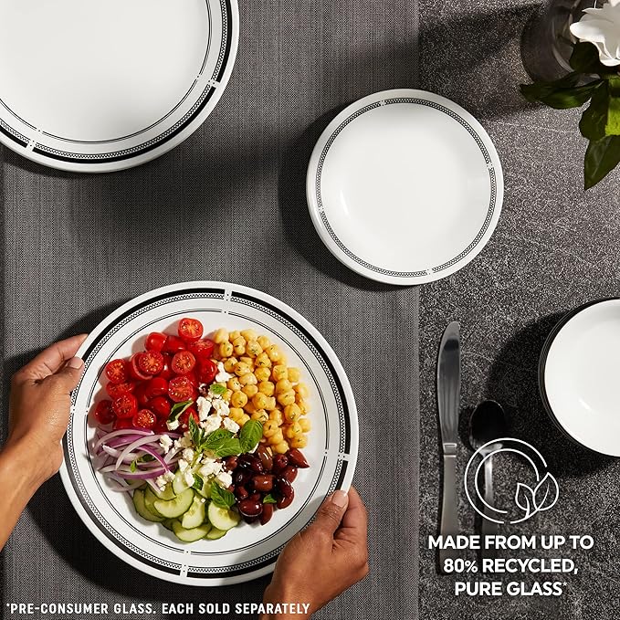 Corelle 18-Piece Round Dinnerware Set Service for 6, Lightweight Round Plates and Bowls Set, Vitrelle Triple Layer Glass, Chip and Scratch Resistant, Microwave and Dishwasher Safe, Brasserie