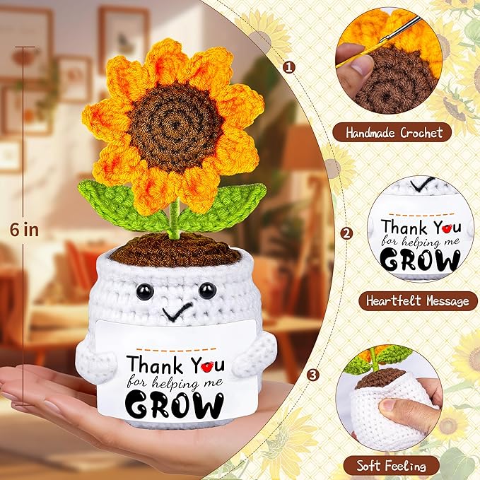 Teacher Appreciation Gifts, Teacher's Day Graduation Thank You Gifts for Teacher Handmade Crochet Sunflower Doll, Personalized Mothers Day Birthday Retirement Gift for Teachers Mentor Coworker Boss