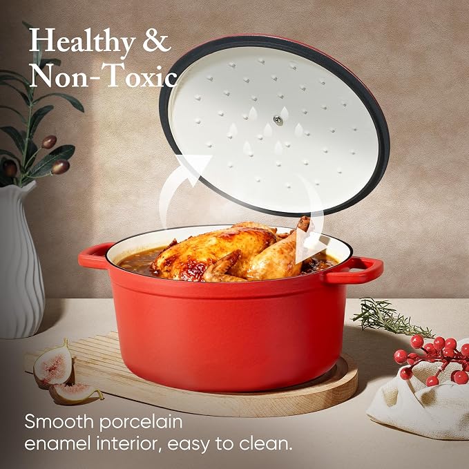 CAROTE Enameled Cast Iron Dutch Oven Pot with Lid, 4 QT Dutch Ovens, Heavy-Duty Cast Iron Pot for Sourdough Bread Baking, Braising, Stews, Roasting, Healthy & Non-Toxic, Dual Handles, All Stovetop Compatible, Oven Safe up to 500° F, Red