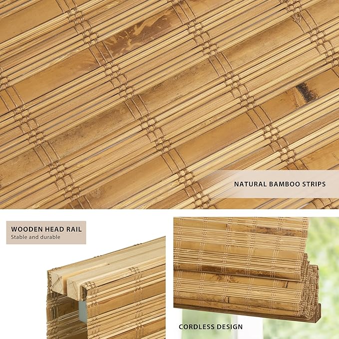 LazBlinds No Tools No Drill Cordless Bamboo Roman Shades, Light Filtering Window Treatment, Roll Up Bamboo Blinds for Windows 38'' W x 64'' H, Dali Native