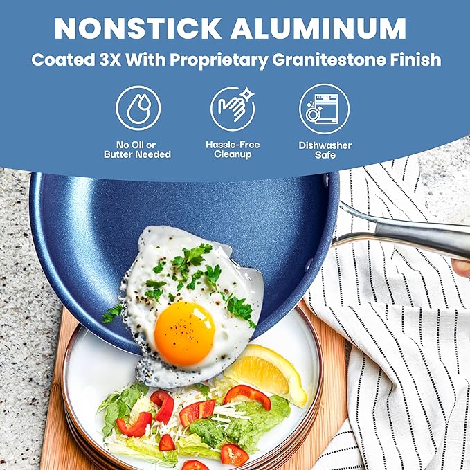 Granitestone 15 Pc Kitchen Pots and Pans Set Non Stick, Kitchen Cookware Sets, Pot and Pan Set, Nonstick Cookware Set, Diamond Coated Non Stick Pots and Pan Set, Dishwasher Safe - Blue