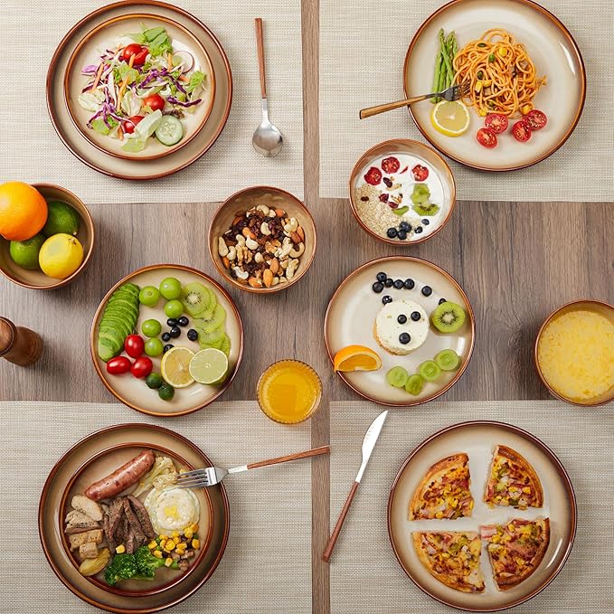 Pokini 24 Piece Dinnerware Sets for 8, Modern Stoneware Plates and Bowls Sets, Perfect for Family Gatherings & Holiday Celebrations, Easy Cleaning Dish Set, Stack Compactly Dinner Set, Brown Yellow
