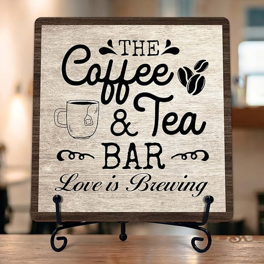 Coffee Bar Sign, Love is Brewing Farmhouse Tabletop Decor, Coffee and Tea Lover Gifts, 5x5 Wood Plaque with Iron Stand for Home Kitchen Cafe, Coffee Bar Decor – L10