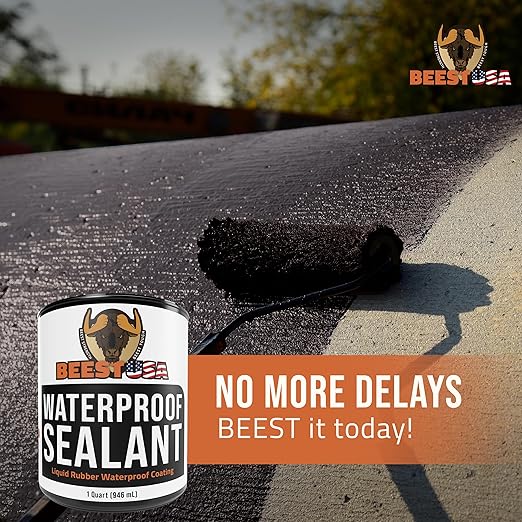 BEEST Liquid Rubber Waterproof Sealant Black, 32 Oz Covers up to 6-10 Sq ft| Roof Sealant Waterproof Coating for Indoor & Outdoor Leak Repair| Easy to Apply Waterproofing Foundation Sealer
