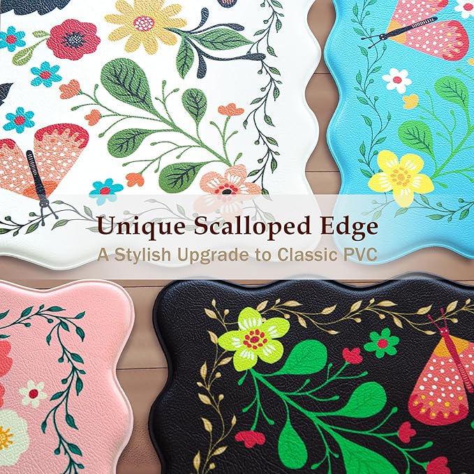 Arenarug Scalloped Kitchen Mats for Floor 2PC Cushioned Anti Fatigue Kitchen Mats Rugs Waterproof Non Slip Farmhouse Boho Floral Comfort Foam Standing Mat for Sink Laundry, White