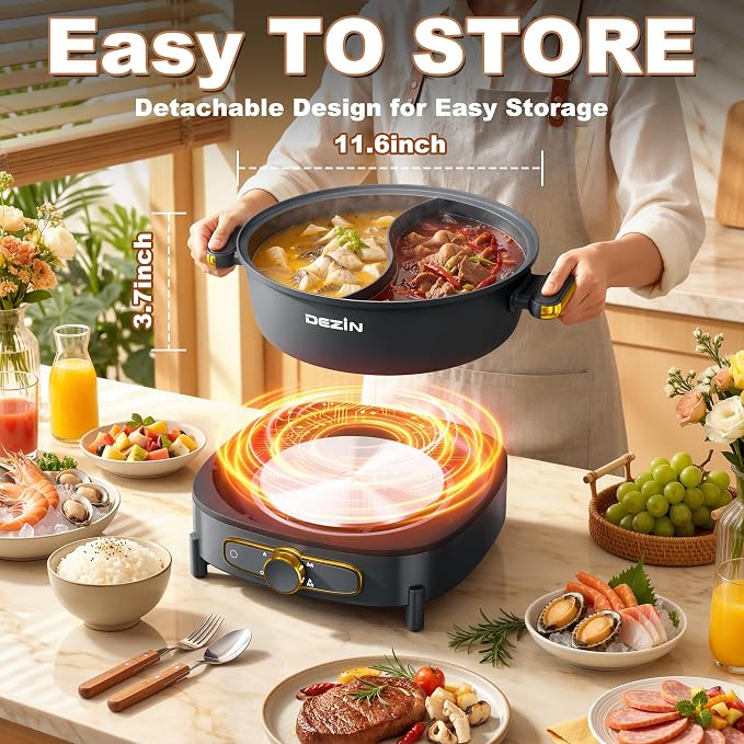 Dezin 6L Hot Pot Electric with Divider, Shabu Shabu Pot with Power Control | Removable 1500W Chinese Hot Pot, Non-Stick Hotpot with Multi-Power Adjustment, 3" Depth Double-Flavor Pot with Silicone Ladle