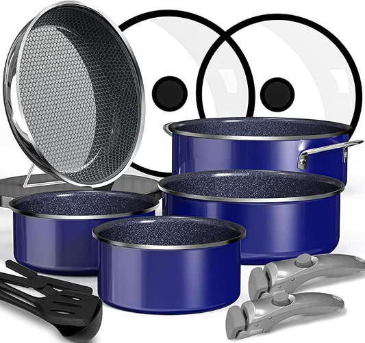 Pro DUXANO 12PC Nonstick Pots and Pans Set&Hybrid 3-Ply Stainless Steel Skillet, High Heat Sear&Fry, 2-Layer Ceramic Induction Cookware, 9H Scratch-Resistant&Anti-Warp,PFAS Free,All Cooktop/Dishwasher