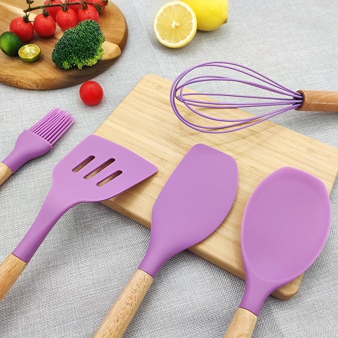 Kitchen Utensils Set 12 Pieces Nonstick Silicone Cooking Utensils Wood Handle Silicone Cooking Utensils Set with Holder Dishwasher Safe BPA Free (Purple)