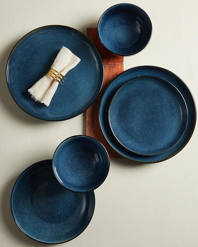 Pokini Stoneware Dinnerware Sets Service for 4, 12 pcs Reactive Glaze Plates and Bowls Sets, Handmade Ceramic Dish Set, Highly Chip and Crack Resistant Modern Plate Set, Starry Blue