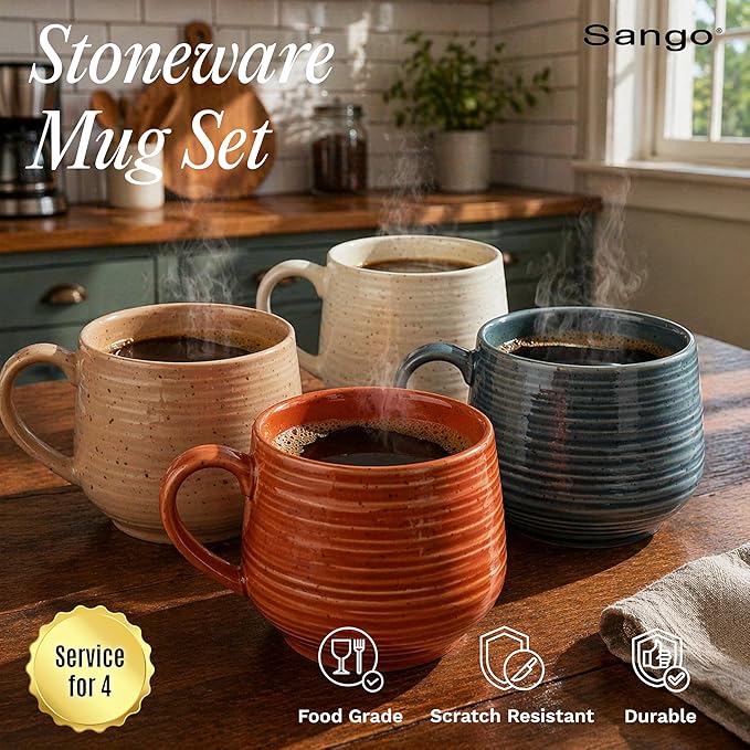 Sango 17.5 oz Stoneware Coffee Mugs Set of 4, Rustic Ceramic Mug with Speckled Reactive Glaze, Large Pottery Drinkware for Coffee or Tea, Dishwasher & Microwave Safe Mugs, Siterra Painter’s Palette