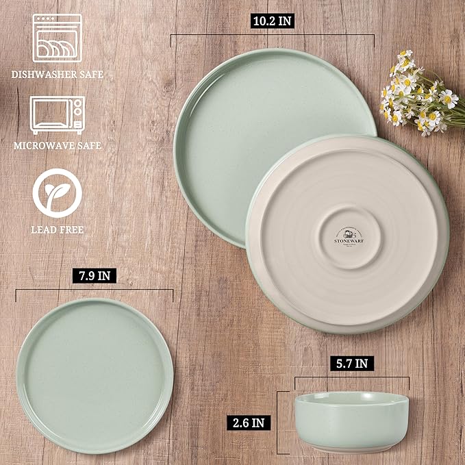 HaWare Stoneware Dinnerware Sets, 12-Piece Plates and Bowls Set for 4, Dishes Set for Home Restaurant, Speckled Asparagus Green