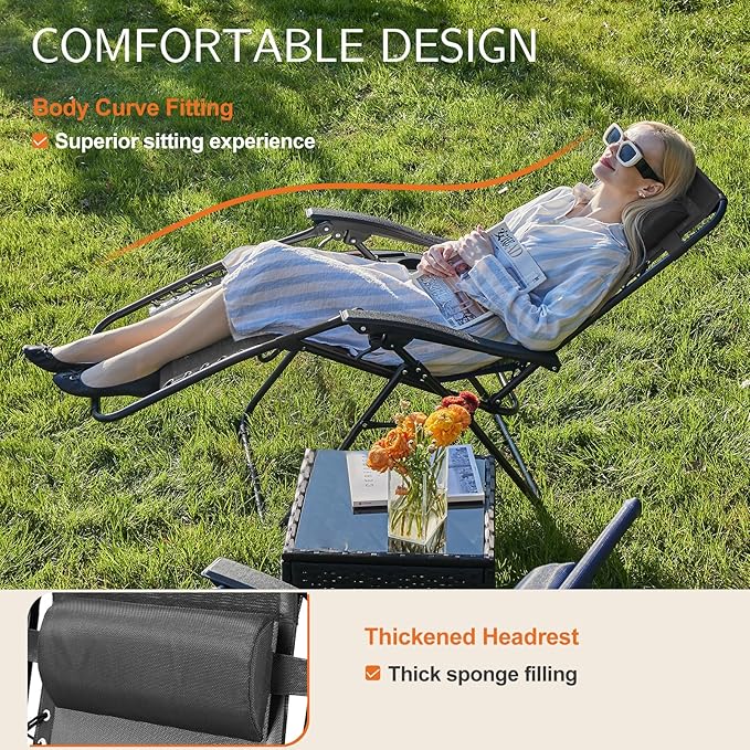 Sweetcrispy Zero Gravity Chairs, Set of 2 Portable Recliner Beach Camping Patio Outdoor Folding Lounge Chair with Cup Holder Trays and Adjustable Pillow for Poolside, Garden, Backyard, Lawn, Black