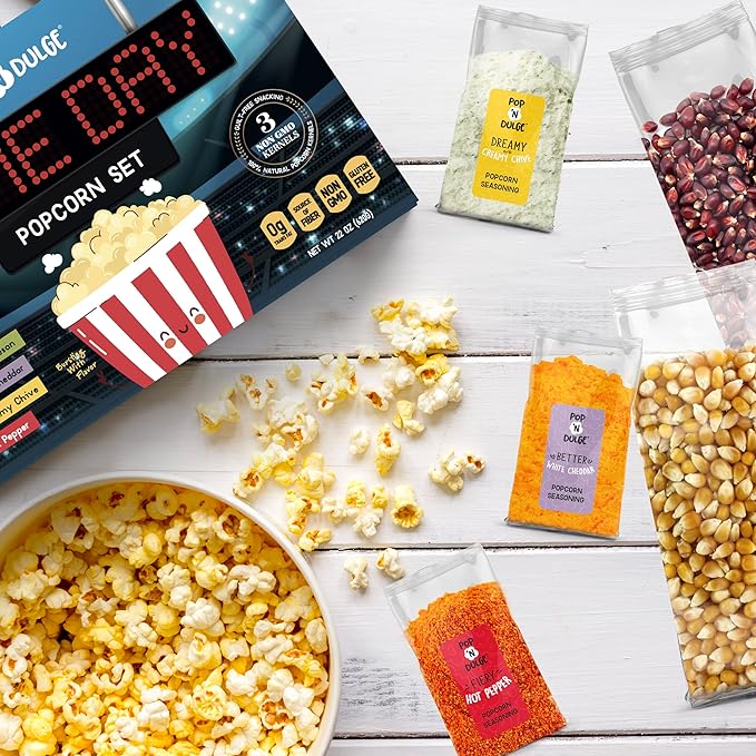 Game Day Movie Night Popcorn Gift Set Gifts For Men Family Gifts Party Supplies, 5 Non-GMO Gourmet Popcorn Kernels and 5 Popcorn Seasoning Flavoring - 10 Pack