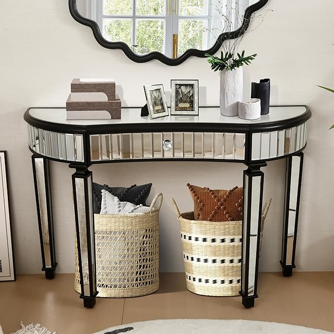 SSLine Mirror Console Table for Living Room 47" Half-Moon Mirrored Entryway Table with Fluted Glass & Crystal Knob Drawer Modern Luxury Black Silver Mirror Foyer Tables for Hallway Entrance