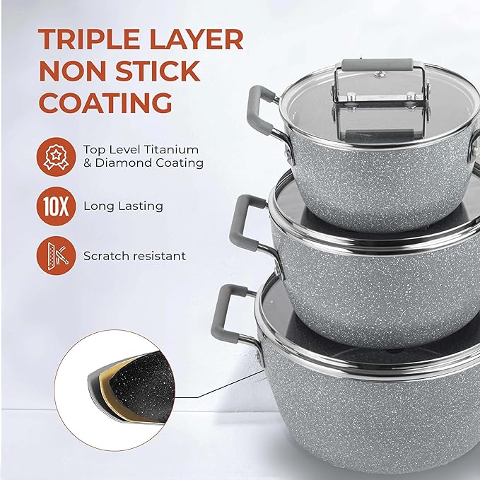 Granitestone Gray Pots and Pans Set Nonstick, 6 Stackable Piece Cooking Pots Set, Kitchen Pots, Non Stick Coating, 5qt 3qt & 1.5qt Pots with Lids, Stay Cool Handles Dishwasher Safe 100% Toxin Free