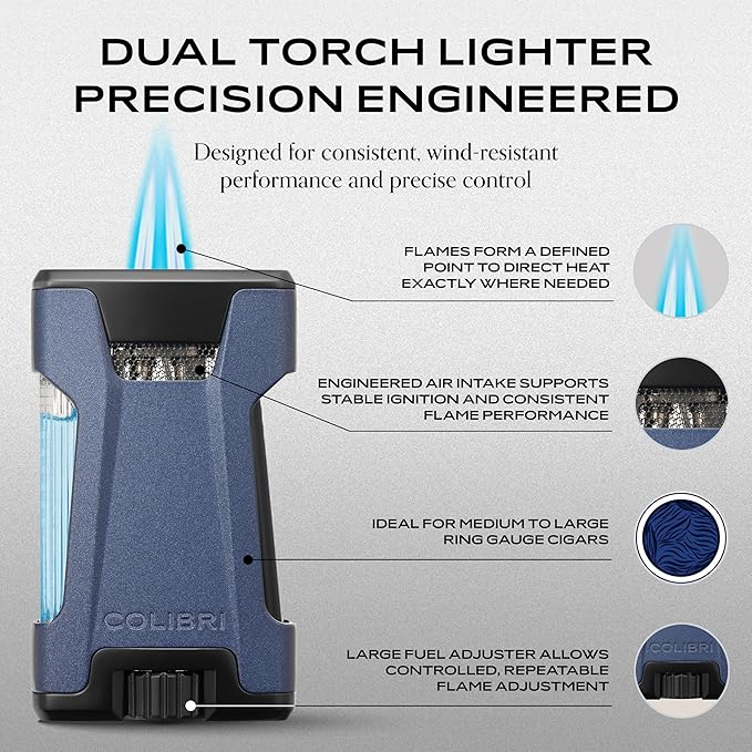 Colibri Rebel Double Torch Lighter – Wind Resistant Butane Cigar Lighter, Refillable Jet Flame with XL Fuel Tank, Adjustable Flame & Fuel Window (Midnight Navy + Black)