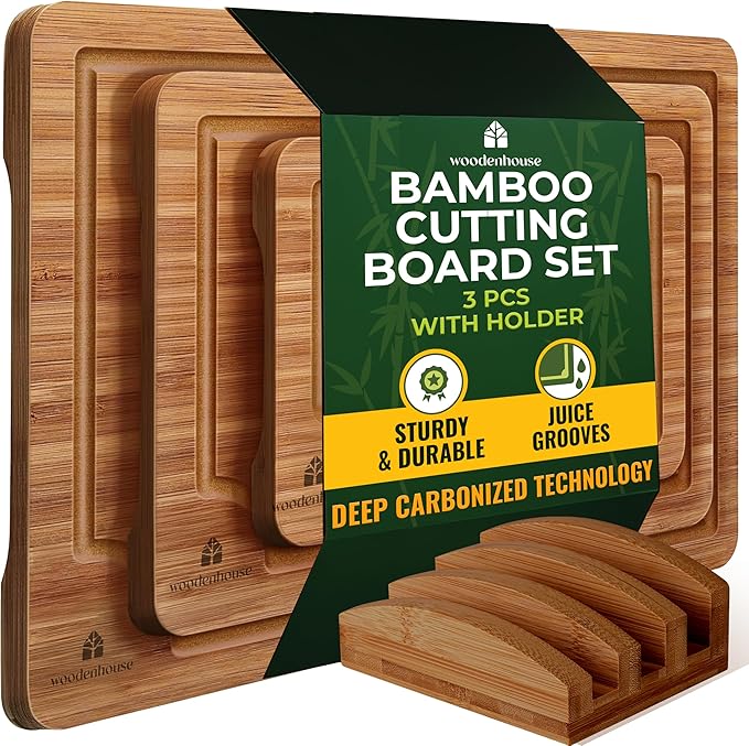 Wood Cutting Board Set of 3 with Holder - Sturdy & Easy to Clean Bamboo Wooden Cutting Boards for Kitchen - 3 Sizes of Chopping Board with Juice Grooves for Meal Prep, Everyday Use, Housewarming Gift