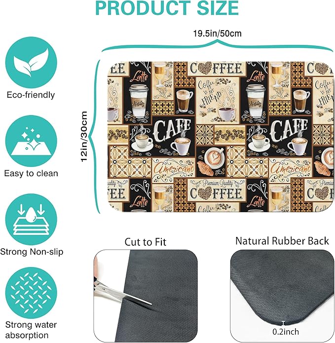 Fun Coffee Mat 19inx12in,Coffee Bar Mat for Countertops,Absorbent Hide Stain Anti-Slip Coffee Bar Accessories Fit Under Coffee Machine Mat,dish Drying Mats for Kitchen