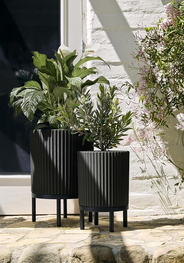 Veradek Demi Series Round Planter w/Stand for Porch/Patio | Durable Plastic-Stone Composite & Wooden Stand | Modern Décor for Tall Plants, Flowers