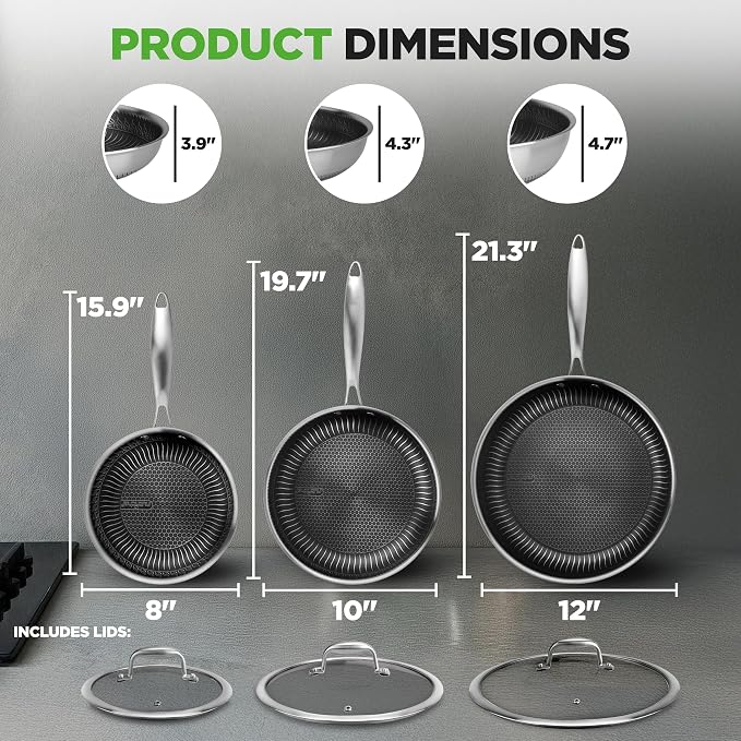 NutriChef 6-Piece Tri-Ply Stainless Steel Frying Pan Set – 8", 10", 12" Non-Stick Skillets with Lids, Induction Compatible, Oven Safe, Scratch-Resistant, Dishwasher Safe