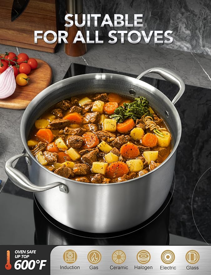 MICHELANGELO Tri-ply Stainless Steel Stock Pot, 8-Quart Stockpot with Lid, 18/10 Nonstick Cooking Pot with Honeycomb Interior, Compatible with All Cooktops
