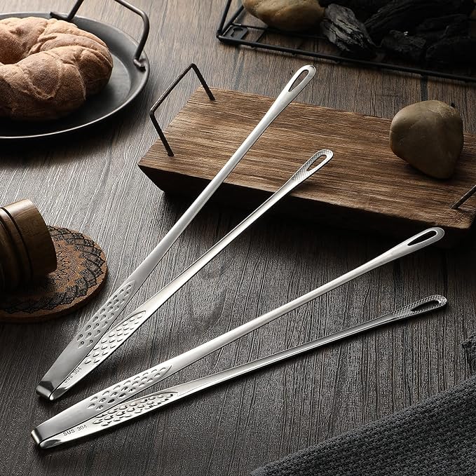 Geiserailie 3 Pcs 9.4inch Korean BBQ Tongs Stainless Steel Kitchen Tweezers Grill for Cooking Hot Pot Food Yakiniku Clamp Tool for Salad, Fish, Steak, Barbecue, Buffet, Meat