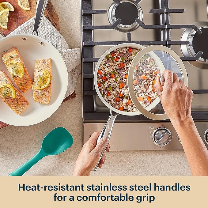 Pyrex 3-Piece Ceramic Cookware Fry Pan & Saucepan Set with Lid & Stainless Steel Handles, Healthy Nonstick Ceramic Coating, Induction Compatible Stainless Steel, PFAS Lead Cadmium BPA Free