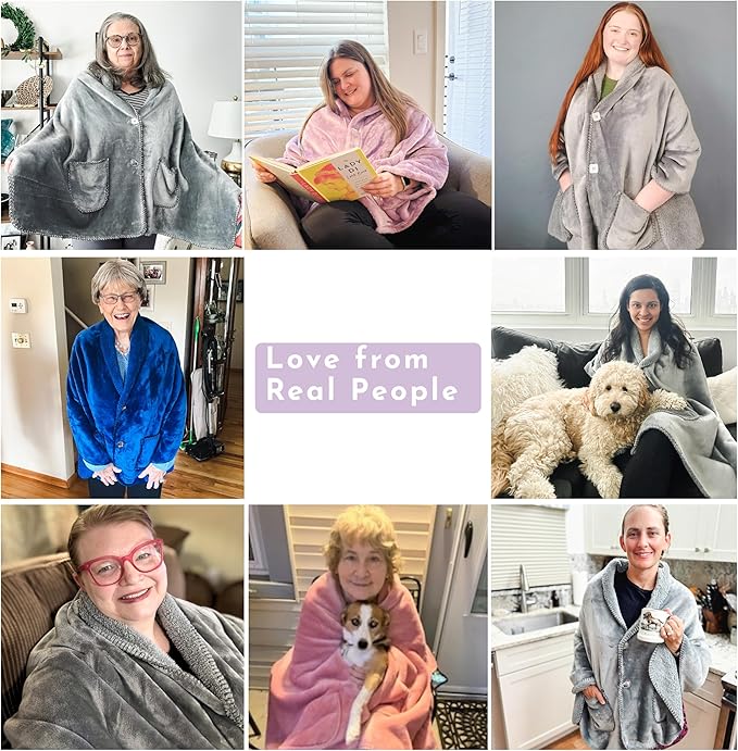 EzrAllora Premium Double Layer Wearable Blanket for Women - Drape and Go No Sleeves- Shawl Wrap with Pockets - Grandma Mom Gifts (Velvet Lavender)