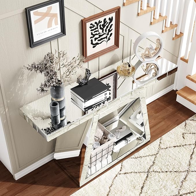 SSLine Mirror Console Table for Living Room 55" Modern Mirrored Entryway Table with Crystal Trapezoid Base Luxury Glass Foyer Tables for Entryway Hallway