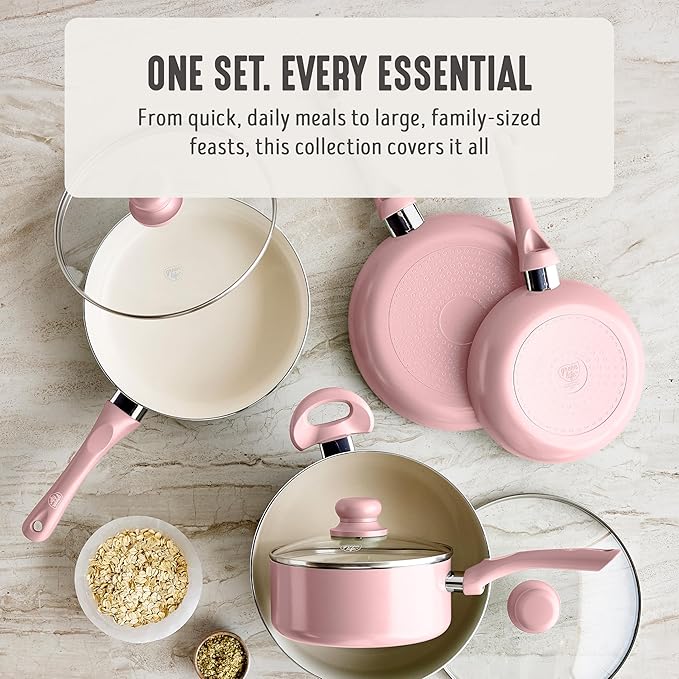 GreenLife 16-Piece Nonstick Cookware Set, Non-Toxic Ceramic Pots and Pans Set, Durable Healthy Kitchen Essentials, Fast Heating, Induction Ready, Easy Clean Dishwasher Safe, PFAS-Free, Blush Pink