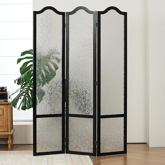JOSTYLE Acrylic Room Divider, Folding Privacy Screen for Office & Loft, 3-Panel Modern Room Partition, Frosted Glass Like, Black Wood Frame, 67" H x 47.2" W