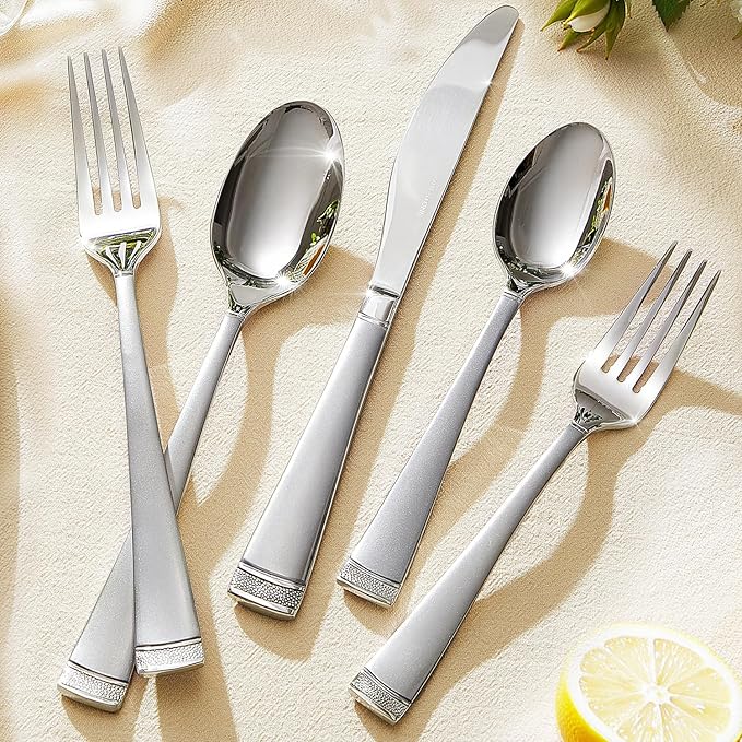 KINGSTONE Silverware Set, 20-Piece Flatware Set for 4, 18/10 Stainless Steel Cutlery Set with Bead Edge, Utensil for Kitchen, Home, Party, Wedding, Matte Silver, Dishwasher Safe, Featured Gifts