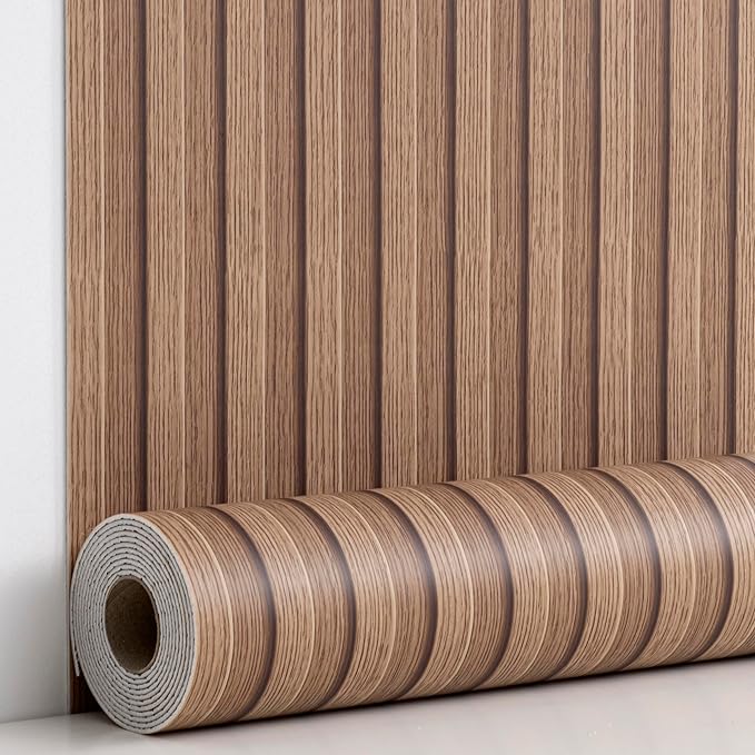 Haimin Wood Grain Slat Wall Panels Peel and Stick Faux Wood Thick Wallpaper 118"x15.75" Waterproof PET & IXPE Foam Paneling (Brown)