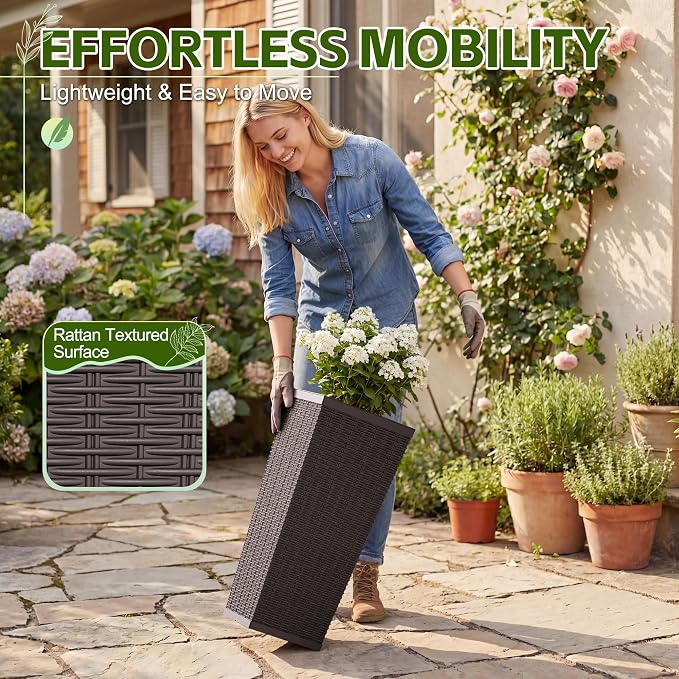 Devoko Resin Tall Planters for Outdoor Plants Set of 2, Large Taper Outdoor Planter Pots with 4 Drainage Holes, Flower Pots Modern Decor for Porch, Patio, Backyard, Home Garden (Brown, 24'')