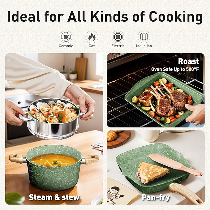 DishDelight 17Pcs Non Stick Pots and Pan Set, Granite Kitchen Cookware Sets, Induction Cooking Pans Set, Green