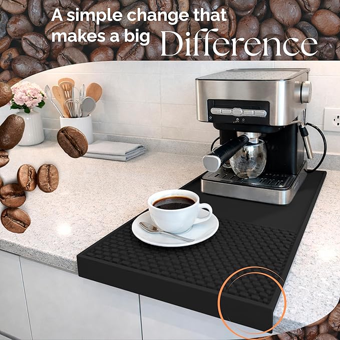 Coffee & Bar Mat For Countertop With "Edge Protection" – Espresso Machine & Coffee Maker Mat – Silicone Heat Resistant Mat – Non-Slip & BPA-Free Food Grade Mat – 12"(Front) x 24"(Length), Black