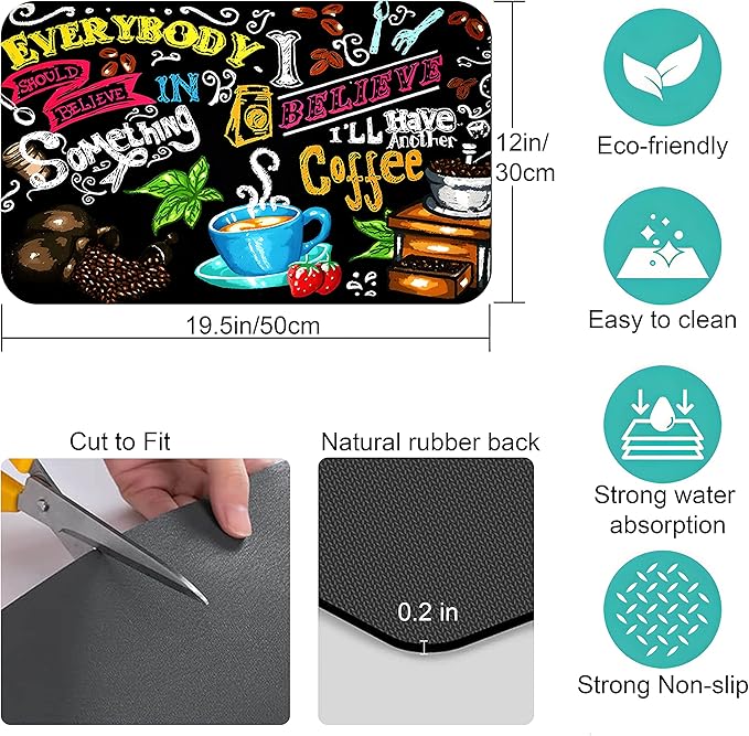Coffee Bar mat Accessories for Countertop Absorbent Hide Stain Rubber Backed Dish Drying Mats for Kitchen Counter Draining Pad Decor Gift(20x12in)