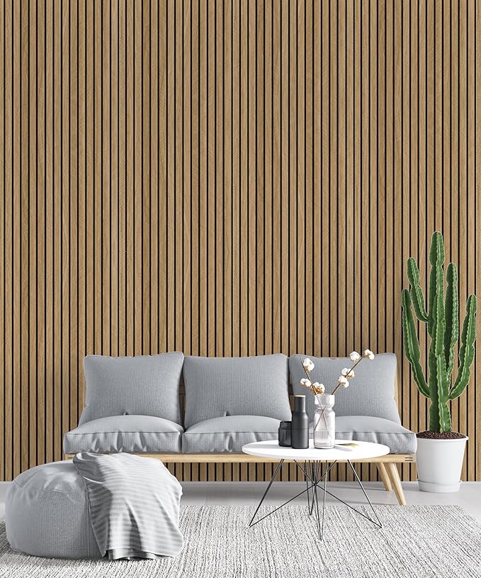 WaveSpace Self-Adhesive PVC Slat Wall Panels, Peel and Stick Wood Panels 118"x15.75", Thick Faux Oak Wood Grain Wallpaper Panels 3D Soundproof Wall & Ceiling Panels Decorativos para Pared
