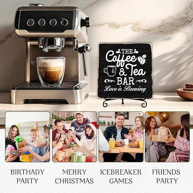 Coffee Bar Sign, Love is Brewing Farmhouse Tabletop Decor, Coffee and Tea Lover Gifts, 5x5 Wood Plaque with Iron Stand for Home Kitchen Cafe, Coffee Bar Decor – L01