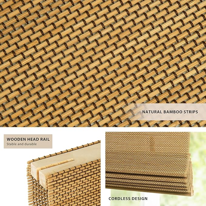 LazBlinds No Tools No Drill Cordless Bamboo Roman Shades, Light Filtering Window Treatment, Roll Up Bamboo Blinds for Windows 30'' W x 64'' H, Acorn