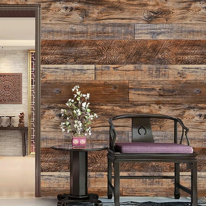 WENMER 23.6" x 394" Brown Wood Peel and Stick Wallpaper Shiplap Self Adhesive Wall Paper Wood Plank Wallpaper for Cabinet Countertop Shelf Drawer Wall Door