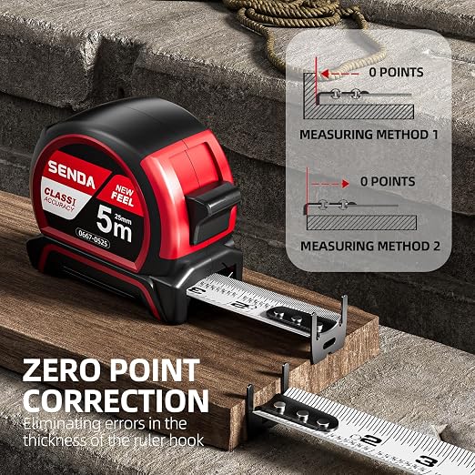SENDA Tape Measure 16FT with 1/8 Fraction, Double-Hook Measuring Tape Retractable with 1 Inch Wide Blade & Belt Clip, ABS TPR Rubber Protection,Matte Nylon-Coated Blade for DIY, Construction (1 Pack)