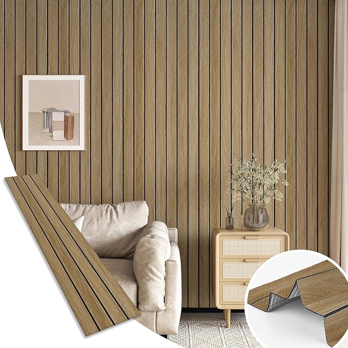 Brown Wood Panels for Wall 3D Wood Slat Wall Panel Acoustic Faux Wooden Slat Wallpaper Self Adhesive Herringbone Shiplap Peel and Stick Wallpaper for Bedroom Living Room Entrance Hall Decor