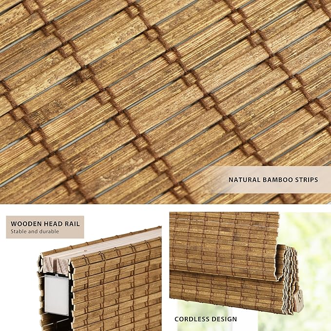 LazBlinds No Tools No Drill Cordless Bamboo Roman Shades, Light Filtering Window Treatment, Roll Up Bamboo Blinds for Windows 27.5'' W x 48'' H, Eastfield Teak