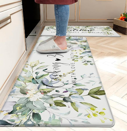 weesire Green Kitchen Rug Anti Fatigue Mats for Kitchen Floor Kitchen Rugs Sage Green Floral Herb Memory Foam Kitchen Mat Cushioned PVC Leather Kitchen Rug Set, 17.3x28+17.3x47 inchs