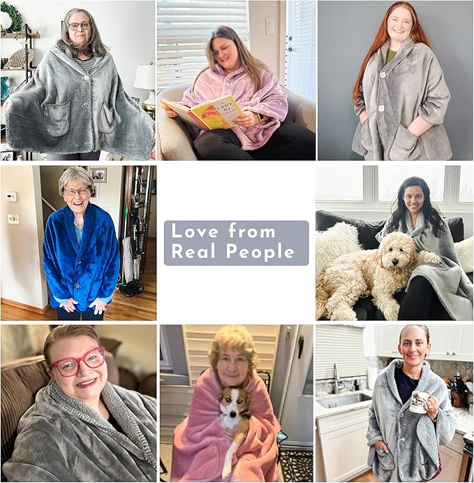 EzrAllora Premium Double Layer Poncho Blanket for Women -Drape and Go No Sleeves- Sherpa Fleece Shawl with Pockets - Wearable Blanket - Gifts for Mom and Grandma (Blue)
