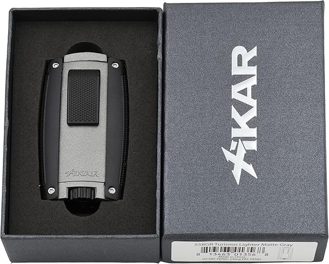 Xikar Turismo Double Jet Flame Cigar Lighter, Attractive Gift Box, Pocket-Friendly, Protective Flip-Lid, Over-Sized Fuel Tank, Matte Gray