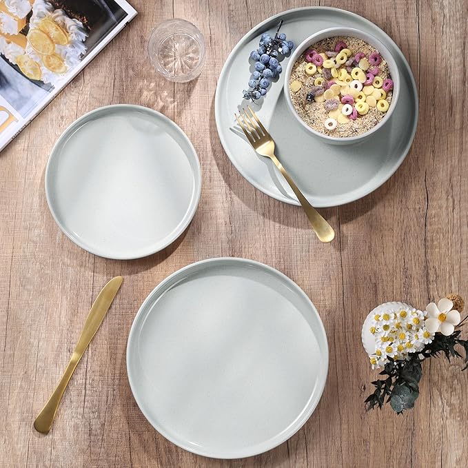 HaWare Stoneware Dinnerware Sets, 24-Piece Plates and Bowls Set for 8, Dishes Set for Home Restaurant, Speckled Misty Grey